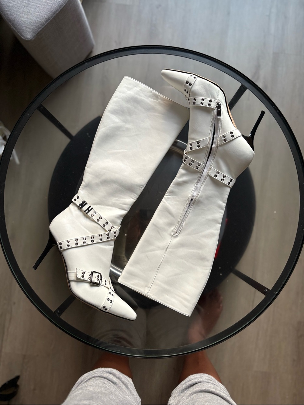 White Studded Knee-High Pointed Toe Stiletto Boots with Buckle - Size 42/10.5